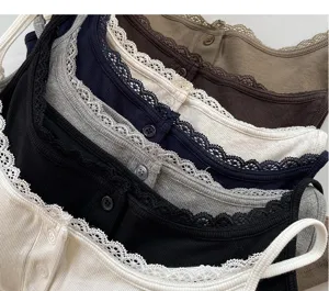 Stylish ribbed lace camisole with chest pads and buttons for comfortable summer wear.
