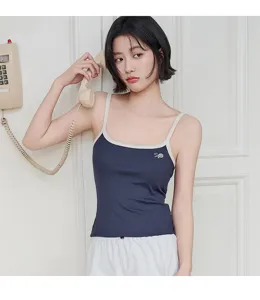 Women modal camisole top with contrast trim, built-in chest pads, elegant embroidery design.