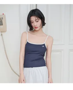 Modal contrast trim camisole tank top with built-in chest pad and delicate embroidery detail.