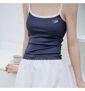 Blue modal camisole detail with white lace trim and cute tennis racket embroidery design.