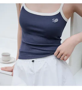 Modal ribbed camisole with contrast lace trim and cute tennis embroidery detail.