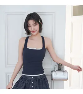 Débardeur col carré pour femme avec bordure en dentelle blanche haut sans manches