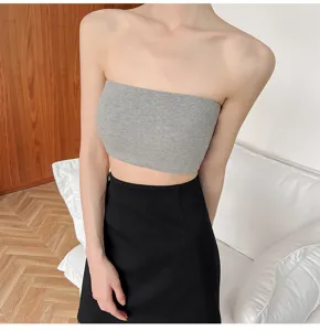 Grey ribbed strapless tube top for women, stretchy cotton blend casual summer bandeau.