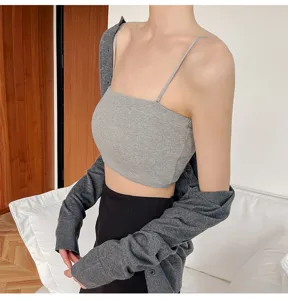 Close up view of women ribbed strap tube top detail, soft cotton fabric, casual summer wear.