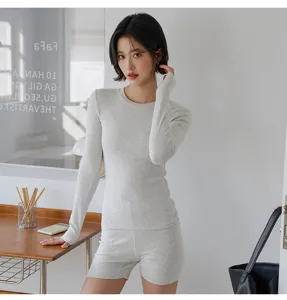 Comfortable grey cotton long sleeve top and shorts loungewear set for women daily wear.
