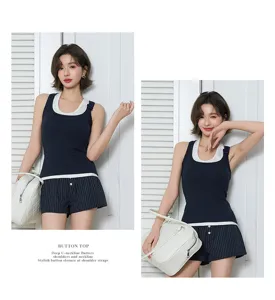 Women cotton modal ribbed tank top with stylish button shoulder straps and matching shorts.