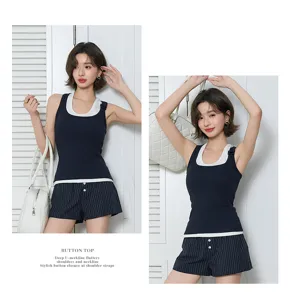 2026 women knit camisole ribbed modal tank top button strap casual sleepwear lounge set