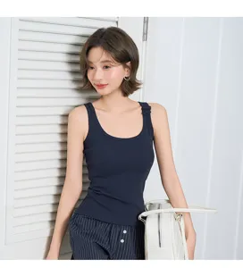 Ribbed knit camisole detail view showcasing button strap design and soft modal fabric.