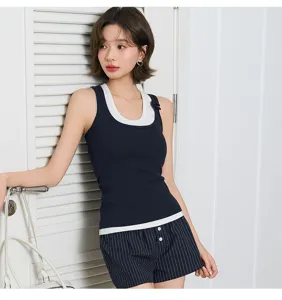 Ribbed cotton modal camisole tank top with chest pad and striped shorts set for women detail.