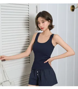 Detailed shot of women cotton modal ribbed camisole tank top with chest pad and stripe shorts