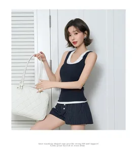 Ribbed modal camisole with built-in bra and striped shorts detail view for women comfort