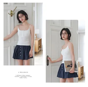 Women white ribbed camisole with lace trim and chest pad, slim fit summer top for daily wear.