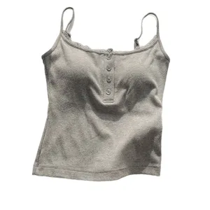 Women's Casual Ribbed Camisole Basic Solid Color Scoop Neck Tank Top With Lace Trim And Chest Pad Summer Innerwear