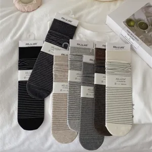 Women's Casual Cotton Mid-Calf Slouch Socks Fine Striped Japanese Style Basic Daily Wear Soft Breathable Hosiery
