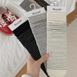 Women's cute striped slouch socks cotton mid tube casual daily wear three colors pack