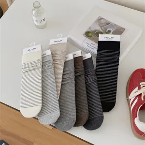 Women fine striped cotton socks spring summer basic Japanese mid tube stacking socks