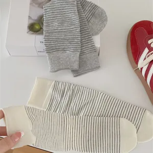 Women thin striped cotton mid tube slouch socks spring summer casual basic socks
