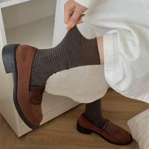 Retro striped cotton mid-calf socks for women, classic spring casual hosiery detail.