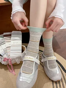 Calze al polpaccio rétro a righe da donna estive sottili cotone punti di colore moda casual carine