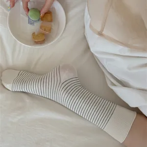 Women's spring summer thin striped cotton basic Japanese mid-calf socks detail view.