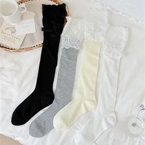Sweet Lolita lace long socks for women, breathable thin knee high stockings detail view.