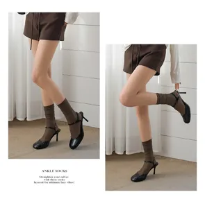 Women's brown wave hollow calf socks, high elastic fashion knit hosiery for spring and summer.