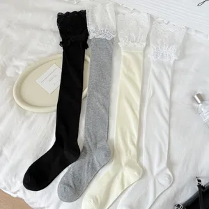 Sweet Lolita lace ruffle long tube socks for women, breathable knit over knee stockings.