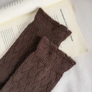 Brown knitted wool leg warmers for women, cozy diamond pattern winter long boot socks.