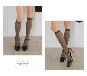 Brown wave textured hollow elastic calf socks detail view, comfortable daily wear hosiery.
