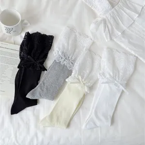 Sweet Lolita lace ruffle long socks for women, cute bow tie breathable knee high socks