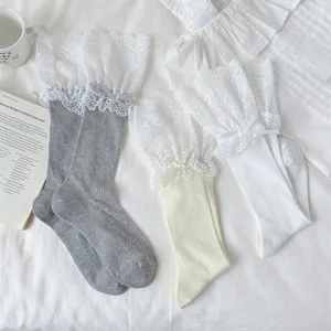 Sweet Lolita lace ruffle knee high socks, cute bowknot knitted cotton long socks for women.