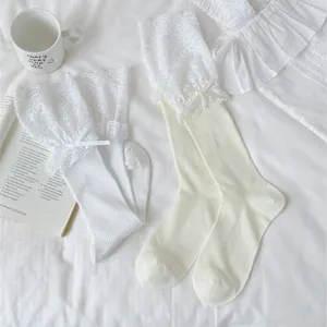 Sweet Lolita lace ruffle long socks for women, thin breathable aesthetic stacked hosiery.