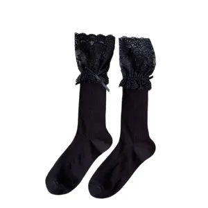 Black lolita socks for women featuring sweet lace trim and cute bow design for spring and summer.