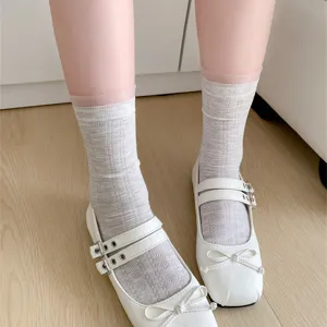 Women hollow cotton lace mid-tube socks paired with sweet white Mary Jane shoes spring detail.