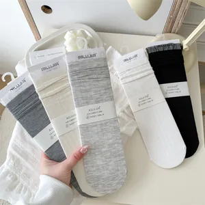 Women Japanese Style Solid Color Lacy Mid-Calf Stacking Socks Breathable Modal Socks