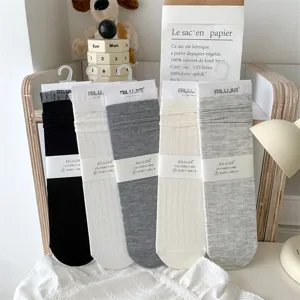 Women hollow cotton solid lace-trim Japanese mid-tube slouch socks spring everyday wear