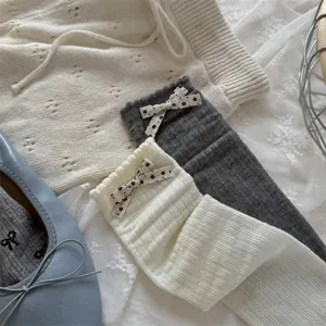 Calcetines transpirables de mujer con lazo, calcetines de punto de algodón cómodos para primavera.