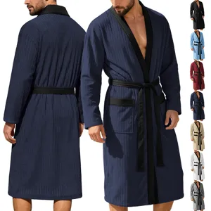 Heren lange badjas badstof nachtmode met contrasterende sjaalkraag riem comfortabele loungewear