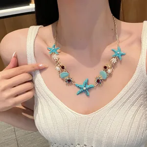 Beach style starfish shell pearl alloy clavicle chain necklace for women summer jewelry