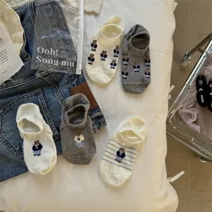 Women cute bear embroidered low cut boat socks casual cotton invisible socks for spring summer