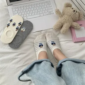 Cute cotton invisible socks for women, breathable low-cut striped boat socks with sweet bear.