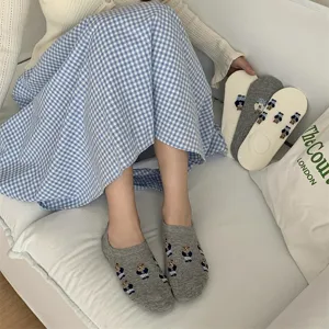Detail view of cotton low cut boat socks featuring cute bear embroidery for women daily wear