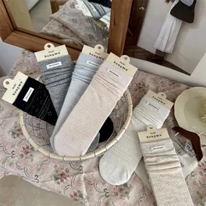 Cozy Japanese style hollow knit pile socks for women, breathable combed cotton mid-tube socks.