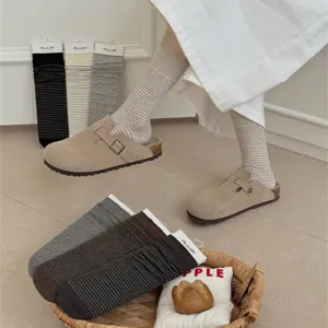 Women fine striped cotton mid-tube socks spring summer Japanese style casual stackable socks