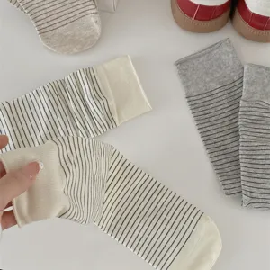 Fine striped cotton mid-tube slouch socks detail view, comfortable and breathable for spring.