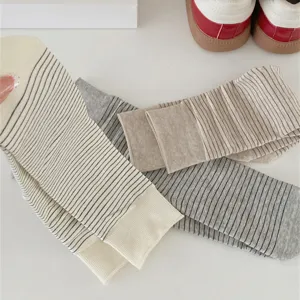 Spring summer women fine striped cotton socks casual basic mid tube slouch socks detail