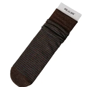 Women brown striped cotton mid-tube slouch socks, Japanese style casual daily wear.