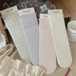 Women ribbed modal cotton mid-calf socks with cute lace ruffles, four pastel colors, daily wear.
