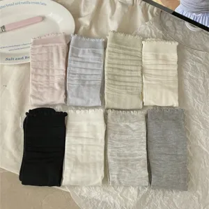 Women modal cotton mid-tube slouch socks with cute lace trim, solid color spring summer.