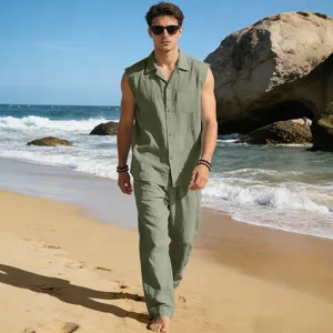 Men's Casual Linen Blend Two-Piece Set Sleeveless Turn-Down Collar Shirt And Long Pants Summer Beach Outfit